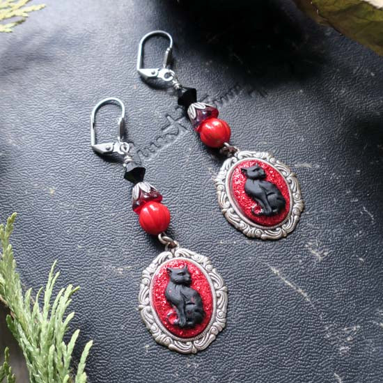 Black Cat Earrings with red glitter