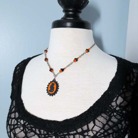 Black Cat Necklace - small with orange glitter