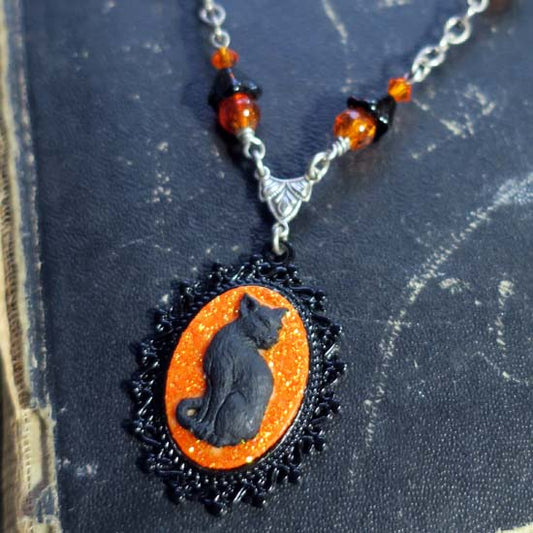 Black Cat Necklace - small with orange glitter