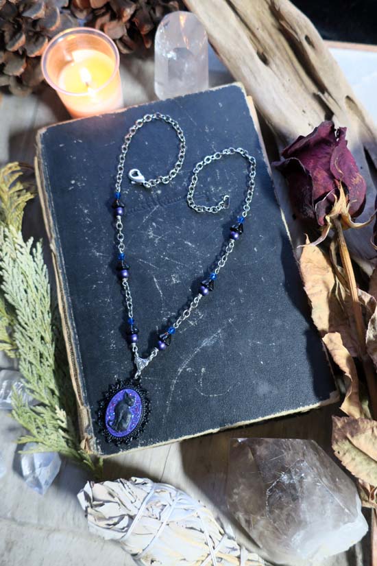 Black Cat Necklace - small with cosmic purple glitter