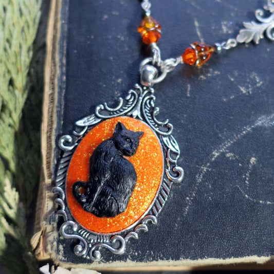 Black Cat - Necklace with orange glitter