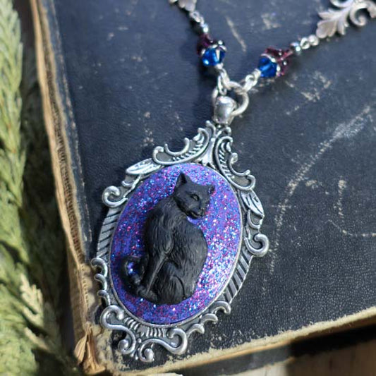 Black Cat - Necklace with cosmic purple glitter