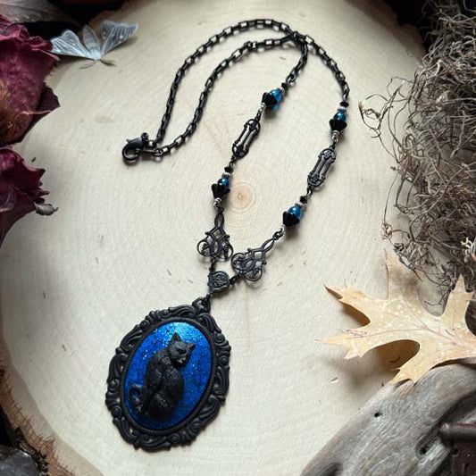 BLACK CAT Necklace - large w/blue glitter - black