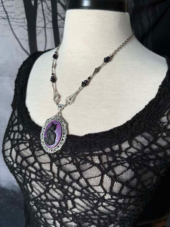 BLACK CAT Necklace - large w/cosmic purple glitter - antique silver