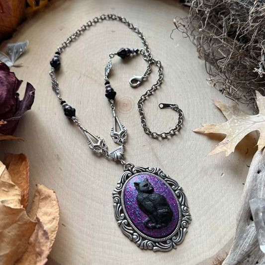 BLACK CAT Necklace - large w/cosmic purple glitter - antique silver