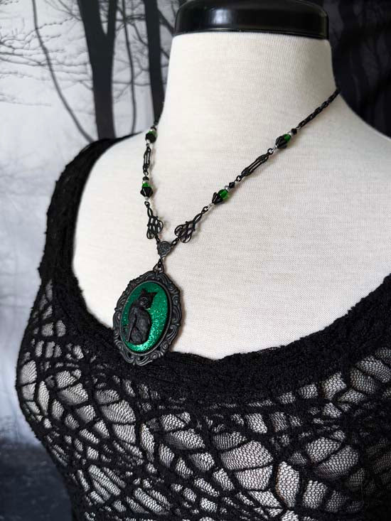 BLACK CAT Necklace - large w/green glitter - black