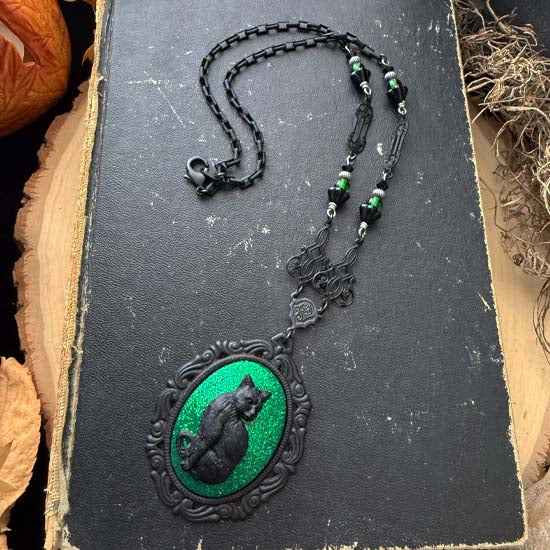 BLACK CAT Necklace - large w/green glitter - black