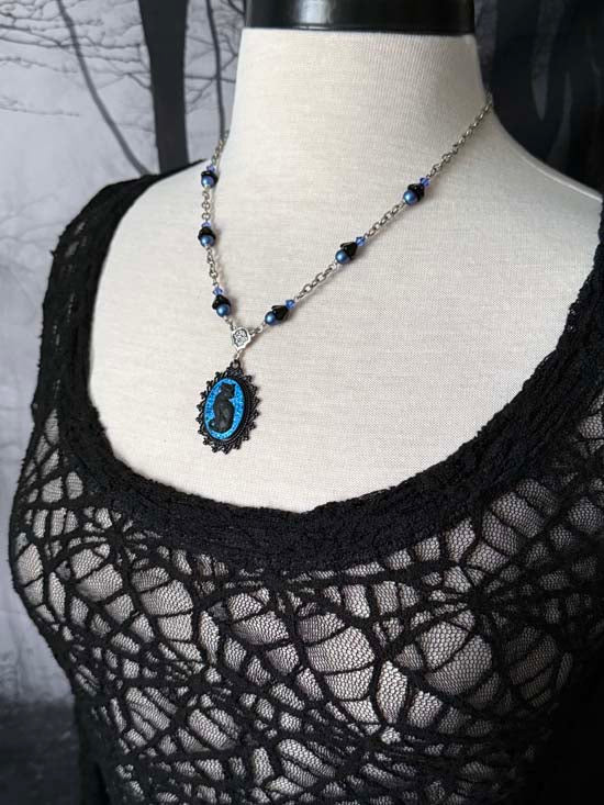 BLACK CAT Necklace - small w/blue glitter