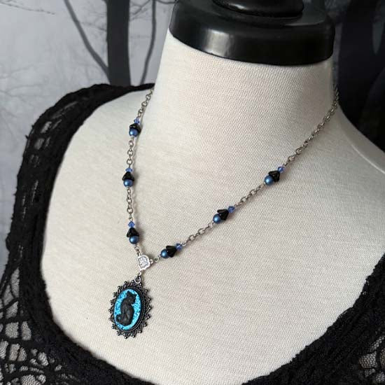 BLACK CAT Necklace - small w/blue glitter