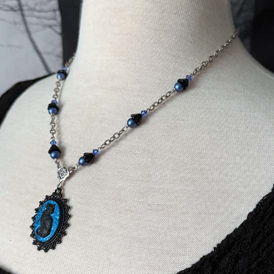 BLACK CAT Necklace - small w/blue glitter