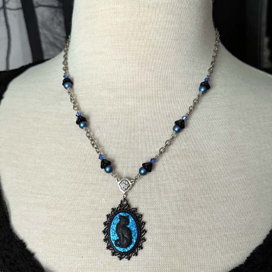 BLACK CAT Necklace - small w/blue glitter
