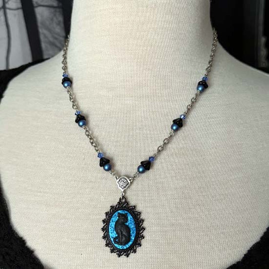 BLACK CAT Necklace - small w/blue glitter