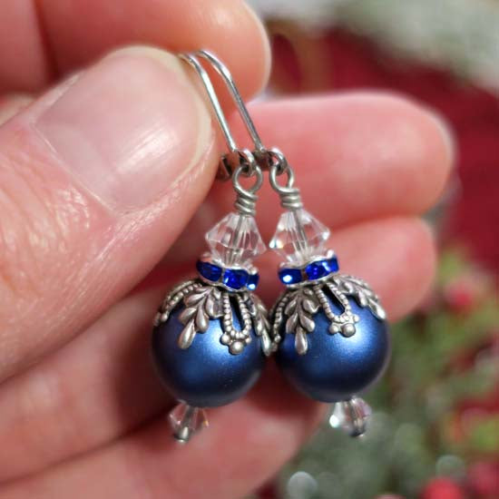 Ornament Earrings - blue with silver