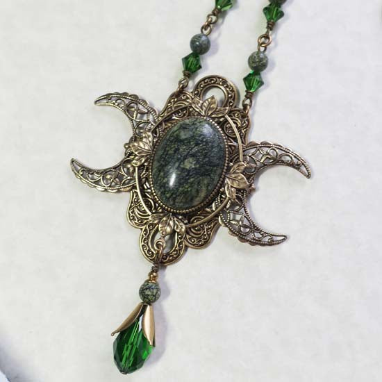 EARTH GODDESS Triple Moon Necklace - Serpentine Gemstone