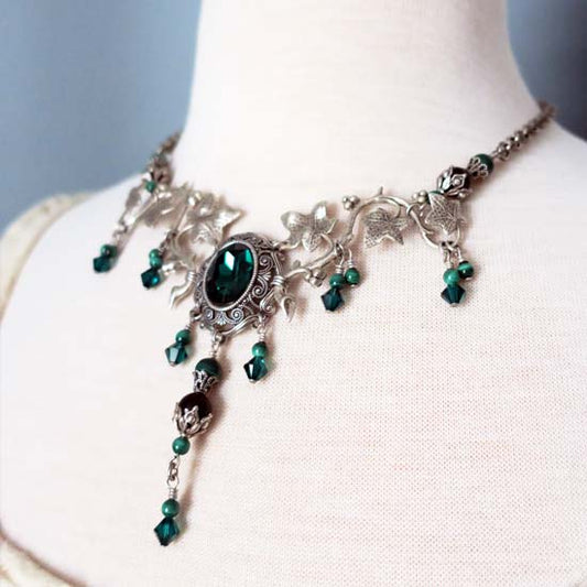 Elven Emerald Necklace - aged silver -