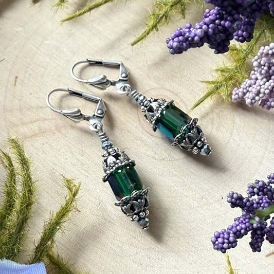 FAIRY LANTERN Earrings - emerald shimmer w/antique silver