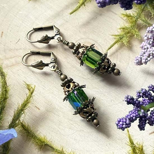 FAIRY LANTERN Earrings - green shimmer w/antique brass