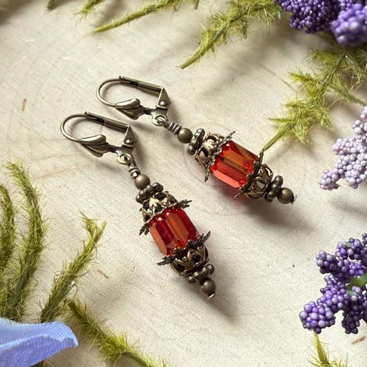 FAIRY LANTERN Earrings - red w/antique brass