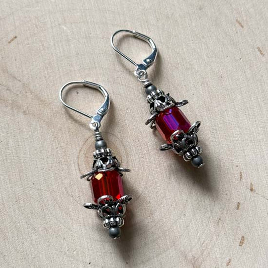 FAIRY LANTERN Earrings - red w/antique silver