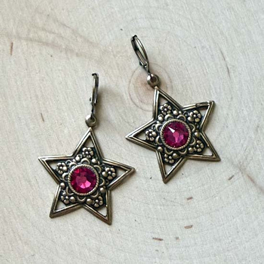 FUCSHIA STAR Earrings - antique brass
