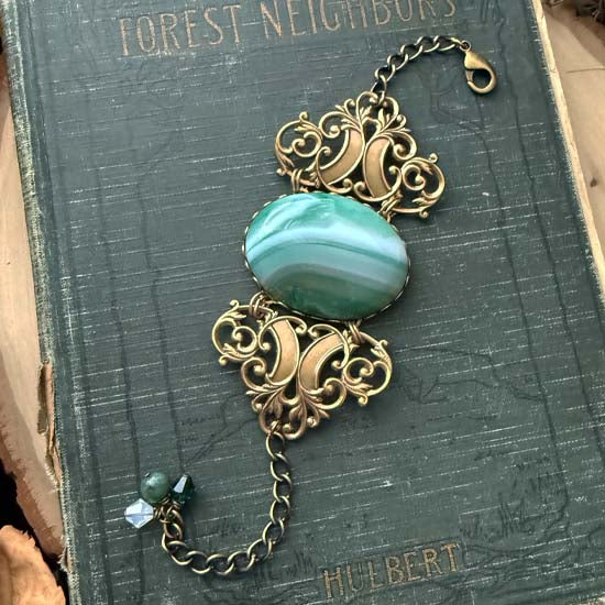 GEMSTONE STATEMENT Bracelet - antique brass w/Striped Green Agate