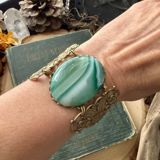 GEMSTONE STATEMENT Bracelet - antique brass w/Striped Green Agate