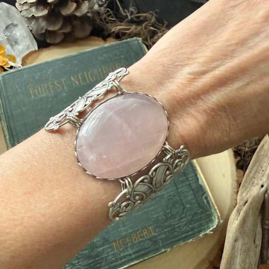 GEMSTONE STATEMENT Bracelet - antique silver w/Rose Quartz