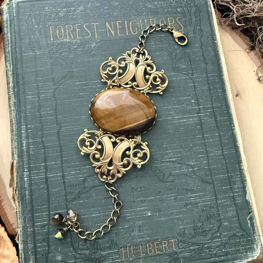 GEMSTONE STATEMENT Bracelet - antique brass w/Tiger Eye