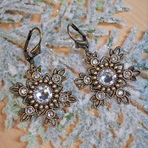 Flurries Collection - Glistening Snow Earrings - Aged Brass
