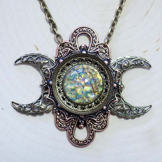 GODDESS of the FIRST HARVEST Triple Moon Necklace - Multi-Color Glass Opal