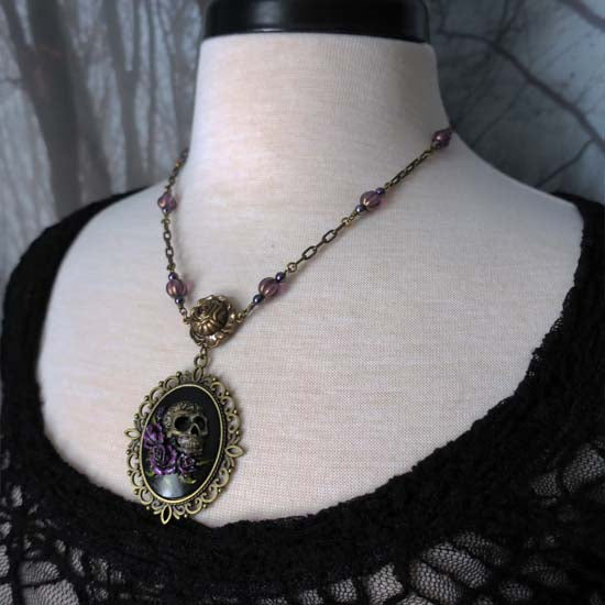 Gothic Skull Necklace - with purple roses