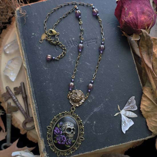 Gothic Skull Necklace - with purple roses