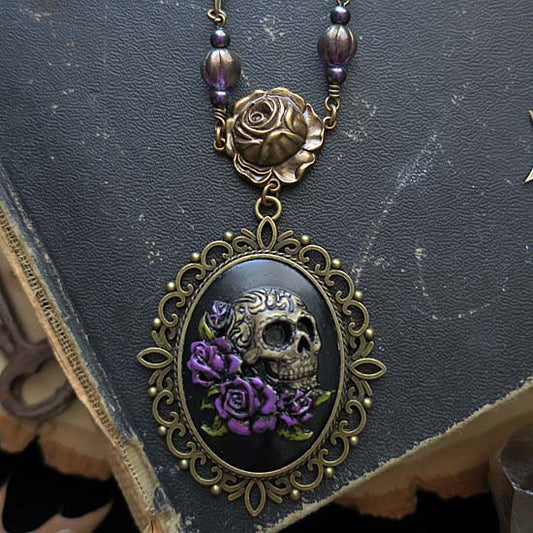 Gothic Skull Necklace - with purple roses