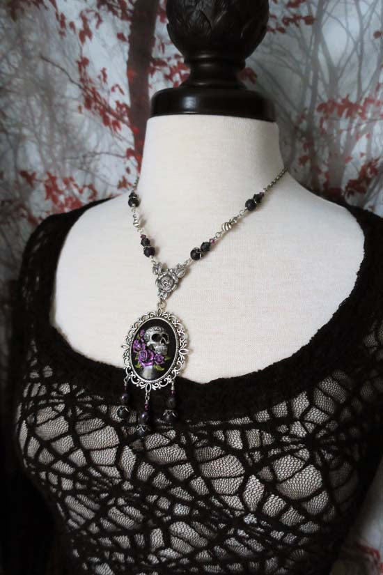 Gothic Skull Necklace - with purple roses - antique silver