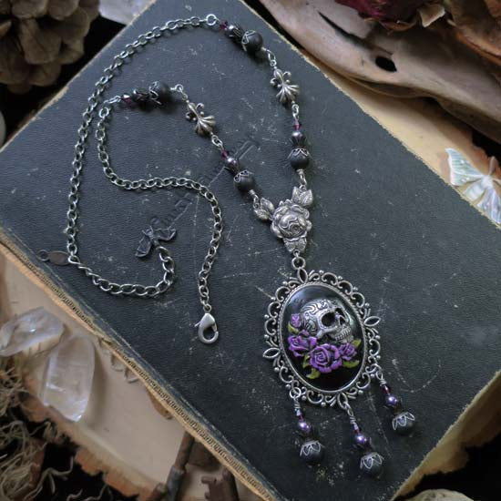 Gothic Skull Necklace - with purple roses - antique silver