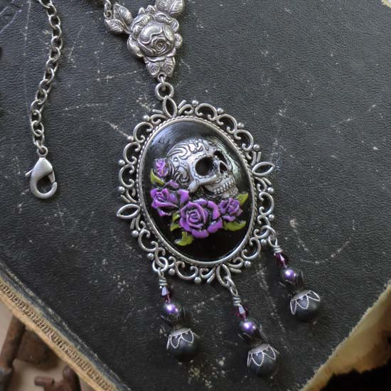 Gothic Skull Necklace - with purple roses - antique silver