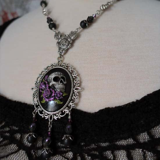 Gothic Skull Necklace - with purple roses - antique silver