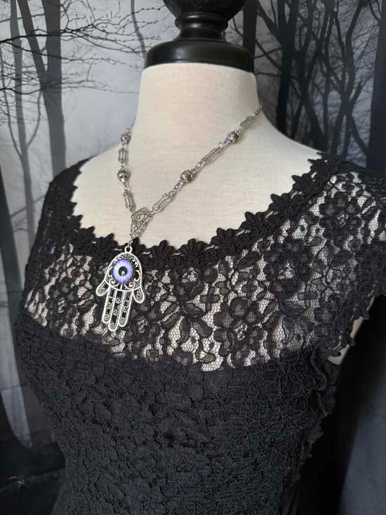 HAMSA HAND Necklace - purple with silver