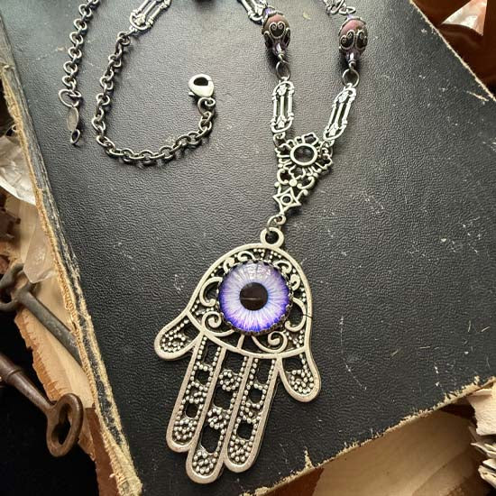 HAMSA HAND Necklace - purple with silver