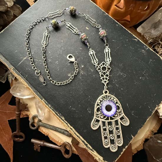 HAMSA HAND Necklace - purple with silver