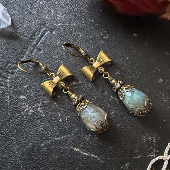 LABRADORITE BOWS Earrings - antique brass