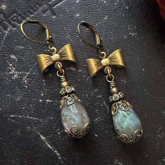 LABRADORITE BOWS Earrings - antique brass