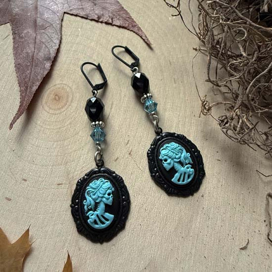 LADY SKULL Cameo Earrings - blue w/black