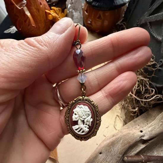 LADY SKULL Cameo Earrings - white/burgundy w/antique brass