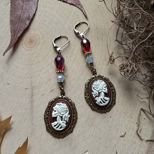 LADY SKULL Cameo Earrings - white/burgundy w/antique brass