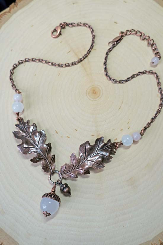 Love Oak Necklace - aged copper w/ Rose Quartz -