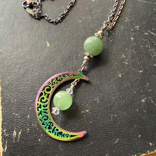 MYSTICAL MOON Necklace - Green Aventurine w/rainbow