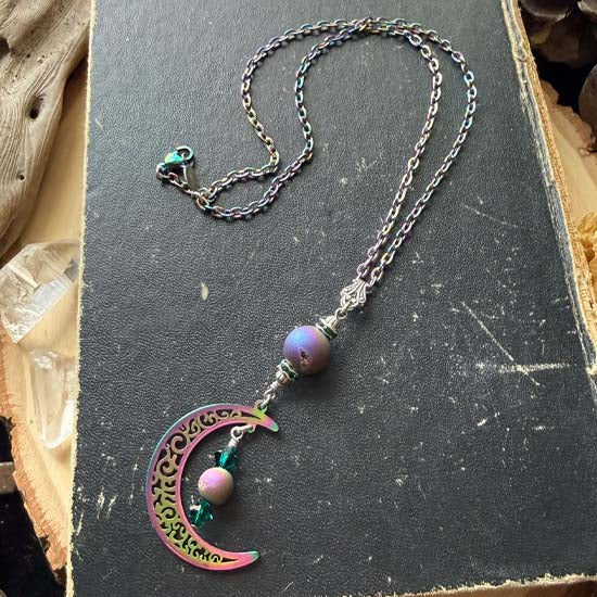 MYSTICAL MOON Necklace - Peacock Druzy w/rainbow