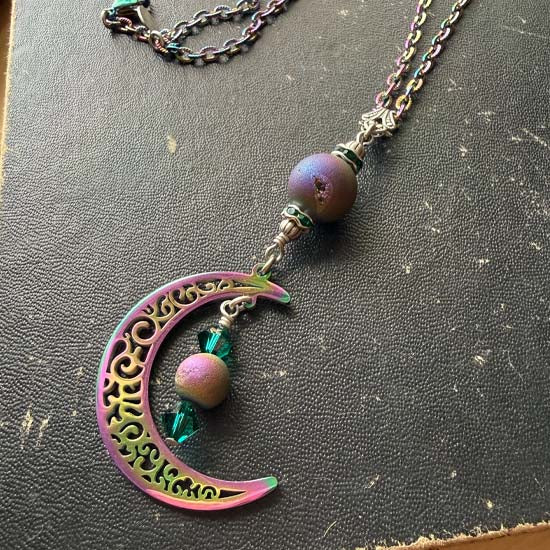 MYSTICAL MOON Necklace - Peacock Druzy w/rainbow