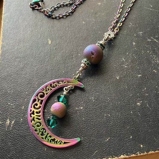 MYSTICAL MOON Necklace - Peacock Druzy w/rainbow